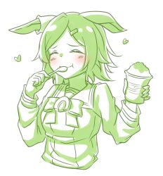 Rule 34 | 1girl, :t, absurdres, blush, breasts, closed eyes, closed mouth, cropped torso, cup, disposable cup, ears down, eating, food, green theme, hair ornament, hairclip, heart, highres, holding, holding cup, holding spoon, long sleeves, medium breasts, milch puyo, monochrome, parted bangs, school uniform, shaved ice, shirt, simple background, solo, spoon, tracen school uniform, umamusume, upper body, white background, winning ticket (umamusume)