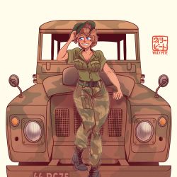 Rule 34 | 1girl, absurdres, artist name, beret, blue eyes, blush, breasts, brown hair, camouflage, commission, hat, highres, land rover, license plate, original, smile, solo, sports utility vehicle, willy pete