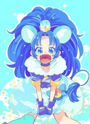 Rule 34 | 10s, 1girl, :d, animal ears, asymmetrical clothes, blue background, blue eyes, blue gloves, blue hair, blue jacket, blue neckwear, blue theme, blue thighhighs, blush, choker, cure gelato, earrings, eyelashes, fang, food-themed hair ornament, fur, fur jacket, fur trim, gloves, hair ornament, highres, jacket, jewelry, kirakira precure a la mode, lion ears, lion tail, long hair, looking at viewer, magical girl, open mouth, ponekusan, ponytail, precure, short sleeves, single thighhigh, smile, solo, tail, tategami aoi, thighhighs