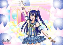 Rule 34 | 1girl, alternate hairstyle, artist name, artist request, bare shoulders, black shorts, blue bow, blue hair, blue skirt, blush, bow, bowtie, bracelet, breasts, buttons, collarbone, dreamy kids&#039; land (love live!), female focus, hair between eyes, hair bow, hair ornament, hair tie, hairclip, hand wave, headphones, headset, highres, jacket, jewelry, long hair, looking at viewer, love live!, love live! school idol festival, love live! school idol festival all stars, love live! school idol project, miniskirt, parted lips, pink bow, plaid, plaid skirt, pleated, pleated skirt, puffy short sleeves, puffy sleeves, ribbon, shirt, short sleeves, shorts, shorts under skirt, skirt, small breasts, smile, solo, sonoda umi, sparkle, star (symbol), striped clothes, striped shirt, twintails, vest, yellow bow, yellow eyes, yellow ribbon