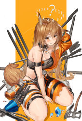 Rule 34 | 1girl, absurdres, animal ears, arknights, armband, axe, bare shoulders, blush, brown eyes, brown hair, ceobe (arknights), ceobe (summer flowers) (arknights), commentary, hair between eyes, highres, long hair, looking at viewer, official alternate costume, sitting, solo, tail, taku57, thigh strap, thighs, wariza, weapon