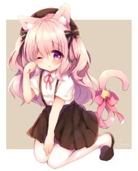 Rule 34 | 1girl, ;o, animal ear fluff, animal ears, azur lane, bell, beret, black bow, black footwear, blush, bow, brown background, brown hat, brown skirt, cat ears, cat girl, cat tail, collared shirt, commentary request, full body, hair between eyes, hand up, haru ichigo, hat, highres, jingle bell, kisaragi (azur lane), kisaragi (retrofit) (azur lane), kneeling, long hair, neck ribbon, one eye closed, pantyhose, parted lips, pink bow, pink hair, pink ribbon, pleated skirt, purple eyes, ribbon, shirt, shoes, short sleeves, skirt, solo, striped, striped bow, suspender skirt, suspenders, tail, tail bell, tail bow, tail ornament, tail raised, two-tone background, two side up, very long hair, white background, white pantyhose, white shirt