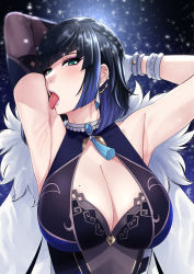 Rule 34 | 1girl, armpit focus, armpits, black gloves, blue eyes, blue hair, blush, breasts, cleavage, dress, earrings, genshin impact, gloves, highres, jewelry, large breasts, licking, licking armpit, looking at viewer, medium hair, mole, mole on breast, saliva, solo, tongue, tongue out, xter, yelan (genshin impact)