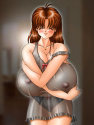 Rule 34 | 1girl, ^ ^, amanatsu ikue, blurry, blurry background, bow, bow panties, breasts squeezed together, breasts, brown hair, camisole, cleavage, closed eyes, closed eyes, gigantic breasts, indoors, mature female, nightgown, nipples, panties, red lips, seastone, see-through, smile, solo, underwear