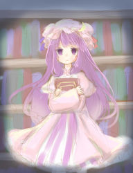 Rule 34 | 1girl, :&lt;, blunt bangs, book, bookshelf, capelet, cocoa (cocoa1qld), crescent, crescent hat ornament, crossed wrists, expressionless, hat, hat ornament, highres, holding, holding book, indoors, library, long hair, looking at viewer, mob cap, patchouli knowledge, pink capelet, purple eyes, purple hair, sketch, skirt, solo, straight-on, striped, touhou, vertical stripes, very long hair, white hat