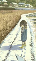 Rule 34 | 1girl, blue coat, blue shorts, boots, bridge, brown eyes, brown hair, closed mouth, coat, day, dot mouth, footprints, grass, grey scarf, hands in pockets, highres, long sleeves, looking at creature, looking back, looking down, original, outdoors, rubber boots, rural, scarf, scenery, shadow, short hair, shorts, snow, solo, striped clothes, striped scarf, tall grass, village, winter, yellow footwear, yoshiaki (yosiaki02)