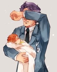 Rule 34 | 2boys, amuro ray, artist name, baby, brown hair, bulecelup, covering face, crying, father and son, formal, glasses, gundam, highres, mobile suit gundam, multiple boys, purple hair, suit, tears, tem ray