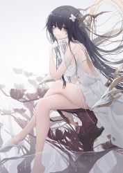 Rule 34 | 1girl, antlers, azur lane, bad feet, bare legs, barefoot, black hair, blush, breasts, closed mouth, commentary, crossed legs, dress, elbow rest, feet, flower, gloves, green eyes, hair between eyes, hair flower, hair ornament, hand on own chin, head rest, high heels, highres, horns, indomitable (azur lane), large breasts, legs, light smile, long hair, looking at viewer, navel, pumps, rain, ribbon, sideboob, sitting, soaking feet, solo, thighs, turbulence, very long hair, water, white dress, white footwear, white gloves