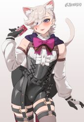 Rule 34 | 1boy, animal ear fluff, animal ears, artist name, black corset, blonde hair, blush, bow, bowtie, bulge, card, cat boy, cat ears, cat tail, commentary, corset, erection, erection under clothes, g1 (jjw00123), genshin impact, gloves, hair over one eye, highres, long sleeves, looking at viewer, lyney (genshin impact), male focus, paid reward available, playing card, purple bow, purple bowtie, purple eyes, short hair, simple background, skindentation, tail, teardrop facial mark, thigh strap, thighs, tongue, tongue out, twitter username, white background