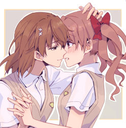 Rule 34 | 2girls, blush, bow, brown eyes, brown hair, flower, grey background, hair flower, hair ornament, hand grab, hand on another&#039;s head, highres, huakuiliehuo, imminent kiss, looking at another, misaka mikoto, multiple girls, red bow, school uniform, shirai kuroko, short twintails, simple background, smile, teeth, toaru majutsu no index, tokiwadai school uniform, twintails, white background, yuri