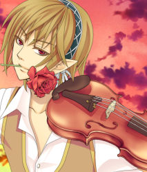Rule 34 | 1boy, brown hair, brown vest, closed mouth, cloud, clown (ragnarok online), collared shirt, commentary request, flower, flower in mouth, green hairband, hair between eyes, hairband, instrument, looking at viewer, male focus, nia (littlestars), pointy ears, ragnarok online, red eyes, red flower, red sky, rose, shirt, short hair, sky, smile, solo, upper body, vest, violin, white shirt
