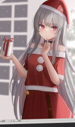 Rule 34 | 1girl, absurdres, bare shoulders, bell, blush, box, christmas, commentary request, gift, gift box, grey hair, hat, highres, holding, holding box, jingle bell, long hair, looking at viewer, off-shoulder shirt, off shoulder, original, red eyes, red hat, red shirt, red skirt, santa costume, santa hat, shirt, short sleeves, skirt, solo, tanshio