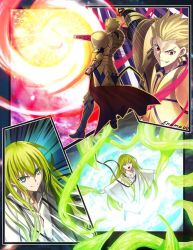 Rule 34 | 1boy, 1other, aora, armor, bad id, bad twitter id, blonde hair, blue eyes, boots, ea (fate/stay night), earrings, emphasis lines, enkidu (fate), fate/strange fake, fate (series), from behind, furrowed brow, gilgamesh (fate), gloves, gold armor, green hair, grin, hair slicked back, jewelry, long hair, pauldrons, red eyes, robe, shoulder armor, smile, standing, weapon, wide-eyed