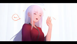 Rule 34 | 1girl, :d, breasts, closed eyes, halo, hand up, highres, letterboxed, long hair, long sleeves, medium breasts, motion lines, open mouth, original, red shirt, shimmer, shirt, smile, solo, spoken number, teeth, upper body, upper teeth only, white background