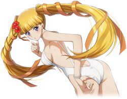Rule 34 | 1girl, adjusting clothes, adjusting swimsuit, artist request, ass, backless swimsuit, bare shoulders, blonde hair, blue eyes, blunt bangs, blush, breasts, butt crack, code geass, code geass: lost stories, cowboy shot, cropped legs, dutch angle, female focus, flower, from behind, game cg, hair flower, hair ornament, hair ribbon, hand up, hibiscus, leaning forward, long hair, looking at viewer, looking back, medium breasts, monica kruszewski, nail polish, non-web source, official art, one-piece swimsuit, orange nails, orange ribbon, parted lips, red flower, ribbon, shiny skin, sideboob, simple background, solo, standing, sweat, swimsuit, teeth, thighs, transparent background, twintails, very long hair, white one-piece swimsuit