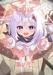 Rule 34 | 1girl, angry, blush, full body, genshin impact, hair ornament, halo, highres, long sleeves, looking at viewer, open mouth, paimon (genshin impact), scarf, single thighhigh, solo, thighhighs, tsukiman, white hair, wooden floor