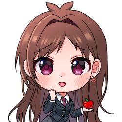 Rule 34 | 1girl, apple, blazer, blush, brown hair, chibi, collared shirt, commentary, dress shirt, earrings, food, fruit, grey skirt, hair intakes, hand up, heart, heart earrings, highres, holding, holding food, holding fruit, idolmaster, idolmaster cinderella girls, jacket, jewelry, long hair, long sleeves, looking at viewer, necktie, open mouth, purple eyes, purple necktie, raised eyebrows, ropon (ropon), shirt, simple background, skirt, solo, tsujino akari, white background, white shirt