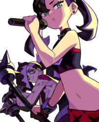 Rule 34 | 1boy, 1girl, alternate costume, aqua eyes, black hair, brother and sister, choker, creatures (company), earrings, game freak, gym leader, half-closed eyes, holding, holding microphone, jacket, jewelry, looking at viewer, marnie (pokemon), microphone, midriff, navel, niking, nintendo, piers (pokemon), pokemon, pokemon swsh, siblings, simple background, sleeveless, smile, spikes, sportswear, stomach, twintails, white background