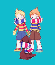 Rule 34 | 2boys, animal, blonde hair, blue background, blue footwear, blue shorts, boney, brothers, brown dog, brown hair, brown shorts, claus (mother 3), clothed animal, full body, holding hands, long sleeves, lucas (mother 3), male focus, memi (gamemix), mittens, mother (game), mother 3, multiple boys, nintendo, red footwear, scarf, scarf over mouth, shirt, shoes, short hair, shorts, siblings, sneakers, socks, solid oval eyes, striped clothes, striped shirt, white socks, yellow mittens