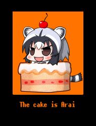 Rule 34 | 10s, 1girl, :d, animal ears, black hair, blush, brown eyes, cake, character name, cherry, chibi, commentary request, common raccoon (kemono friends), english text, food, food on head, fruit, highres, kemono friends, meme, multicolored hair, object on head, open mouth, orange background, portal (series), portal 1, pun, raccoon ears, raccoon tail, shizuraku, smile, solo, tail, the cake is a lie (meme), v-shaped eyebrows, white hair