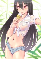 Rule 34 | 10s, 1girl, black hair, breasts, casual, cleavage, cutoffs, denim, denim shorts, food, front-tie top, hair between eyes, highres, ice cream, kantai collection, large breasts, licking, long hair, midriff, nagato (kancolle), navel, no bra, red eyes, see-through, see-through shirt, shiny skin, shirt, short shorts, short sleeves, shorts, solo, stomach, tied shirt, tongue, wa (genryusui)