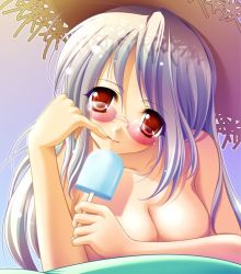 Rule 34 | 1girl, artist request, breasts, brown eyes, character request, cleavage, collarbone, copyright request, food, glasses, grey hair, hat, holding, long hair, looking at viewer, medium breasts, moe (phrase), pink-tinted eyewear, popsicle, red eyes, solo, straw hat, sun hat, sunglasses, tinted eyewear, topless, upper body