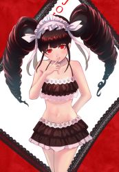 Rule 34 | 1girl, arm behind back, bare arms, bare shoulders, bikini, black bikini, black hair, brown hair, card, celestia ludenberg, collarbone, commentary request, cowboy shot, danganronpa: trigger happy havoc, danganronpa (series), danganronpa s: ultimate summer camp, drill hair, frills, hand up, highres, index finger raised, joker (playing card), lace, lace-trimmed bikini, lace trim, layered bikini, long hair, looking at viewer, multicolored background, navel, official alternate costume, playing card, red background, red eyes, red hair, riou (pooh920), smile, solo, stomach, swimsuit, twin drills, twintails, white background
