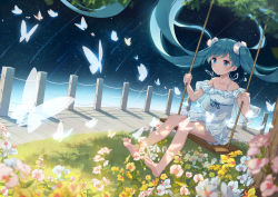 Rule 34 | 1girl, absurdres, aqua eyes, aqua hair, barefoot, bug, butterfly, collarbone, dress, dutch angle, feet, floating hair, flower, full body, grass, hatsune miku, highres, insect, long hair, md5 mismatch, outdoors, resolution mismatch, scrunchie, shooting star, sitting, sky, solo, source smaller, star (sky), starry sky, swing, swinging, tree, twintails, very long hair, vocaloid, white dress, yue yue