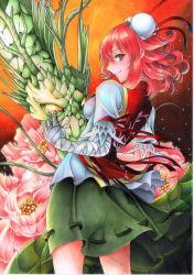 Rule 34 | 1girl, absurdres, bad id, bad pixiv id, bandaged arm, bandages, breasts, commentary, double bun, dragon, eastern dragon, floral background, flower, from side, gradient background, green skirt, hair bun, highres, ibaraki kasen, light particles, looking at viewer, looking back, marker (medium), medium breasts, orange background, pink eyes, pink flower, pink hair, pink rose, rose, shirt, short hair, short sleeves, skirt, smile, solo, standing, suigetsu minamo, tabard, touhou, traditional media, white shirt