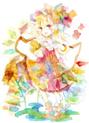 Rule 34 | 1girl, ankle lace-up, blonde hair, clothes lift, colored eyelashes, colorful, cross-laced footwear, dress, dress lift, eyelashes, female focus, flandre scarlet, flower, full body, hat, high heels, legomaru, long hair, nature, open mouth, painting (medium), plant, purple eyes, shoes, side ponytail, smile, solo, standing, sunflower, touhou, traditional media, watercolor (medium), white background, wings, wrist cuffs