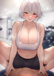 Rule 34 | 1boy, 1girl, absurdres, bare arms, bare shoulders, bike shorts, black shorts, blurry, blurry background, blush, breasts, cleavage, collarbone, commentary, girl on top, hands on another&#039;s stomach, hetero, highres, indoors, karinto yamada, large breasts, looking at viewer, midriff, navel, nose blush, open mouth, original, pov, raised eyebrows, red eyes, short hair, shorts, smile, solo focus, sports bra, spread legs, steaming body, stomach, sweat, white hair, white sports bra