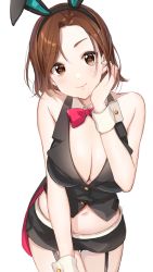 Rule 34 | 1girl, animal ears, bad id, bad twitter id, bare shoulders, blazer, bow, bowtie, breasts, brown eyes, brown hair, cleavage, commentary, crop top, detached collar, fake animal ears, garter straps, highres, idolmaster, idolmaster cinderella girls, jacket, large breasts, leotard, light smile, midriff, mizuki seira, navel, nontraditional playboy bunny, parted bangs, playboy bunny, rabbit ears, red bow, red bowtie, satoimo chika, short hair, short shorts, shorts, simple background, sleeveless, sleeveless blazer, solo, standing, white background, wing collar, wrist cuffs
