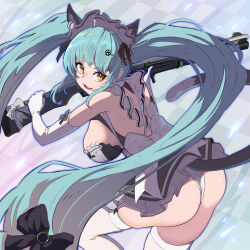 Rule 34 | animal ears, apron, ass, black dress, blue hair, breasts, cat ears, cat tail, dress, elbow gloves, frilled apron, frills, gloves, goddess of victory: nikke, gun, hair ribbon, highres, holding, holding gun, holding weapon, large breasts, long hair, looking back, low neckline, maid apron, maid headdress, open mouth, panties, paw hair ornament, paw print, privaty (nikke), privaty (unkind maid) (nikke), ribbon, shotgun, sideboob, simple background, smile, syope, tail, thighhighs, twintails, underwear, weapon, white apron, white panties, yellow eyes
