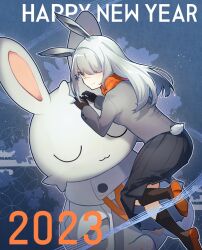 Rule 34 | 1girl, 2023, animal ears, arknights, aruke0, ass, black gloves, black skirt, black socks, blue background, brown footwear, closed eyes, commentary, english commentary, english text, facing away, frostnova (arknights), full body, gloves, gradient background, grey jacket, hair over one eye, happy new year, highres, jacket, kneehighs, long hair, looking at viewer, new year, orange scarf, scar, scar on face, scar on nose, scarf, skirt, smile, socks, solo, uwu, white hair