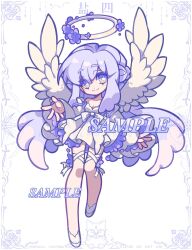 Rule 34 | 1girl, angel wings, dress, flower-shaped pupils, full body, halo, highres, leg ribbon, long hair, original, outstretched arm, outstretched hand, purple eyes, purple hair, ribbon, sample watermark, smile, solo, symbol-shaped pupils, thigh ribbon, very long hair, watermark, white background, white dress, white footwear, white ribbon, white wings, wings, xianyudian laoban