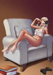 Rule 34 | 1girl, armchair, artistic error, bad proportions, bare arms, bare legs, bare shoulders, barefoot, book, book stack, bottomless, breasts, brown background, camisole, can, chair, cleavage, collarbone, controller, covered erect nipples, crop top, crop top overhang, crossed legs, cushion, dark-skinned female, dark skin, drink can, drinking, eyelashes, from side, full body, game controller, hand up, headphones, headset, highres, holding, indoors, knees up, leaning back, long hair, looking at viewer, medium breasts, microphone, navel, no panties, notebook, original, pillow, plantar flexion, revision, shade, shiny skin, shiraha (pixiv10239953), sitting, sitting sideways, soda can, solo, spaghetti strap, stomach, strap slip, tan, white hair