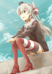 Rule 34 | 10s, 1girl, :d, absurdres, amatsukaze (kancolle), bad id, bad pixiv id, blue sky, brown dress, brown eyes, choker, day, dress, garter straps, hair tubes, hands on own knees, headgear, high heels, highres, kantai collection, knees together feet apart, long hair, long sleeves, max melon, neckerchief, open mouth, red thighhighs, sailor collar, sailor dress, silver hair, sitting, sky, smile, solo, striped clothes, striped thighhighs, thighhighs, two side up
