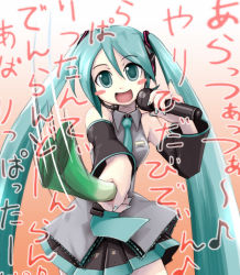 Rule 34 | 1girl, aqua hair, blouse, blush stickers, collared shirt, foreshortening, frilled shirt, frills, gradient background, grey shirt, hair between eyes, hatsune miku, long hair, microphone, music, orange background, shirt, singing, sleeveless, sleeveless shirt, solo, spring onion, translation request, twintails, very long hair, vocaloid