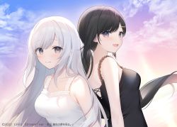 Rule 34 | 2girls, bare shoulders, black dress, black hair, breasts, cloud, cloudy sky, collarbone, commentary request, dress, frills, grey eyes, hair ornament, hairpin, highres, light blush, long hair, looking at viewer, medium breasts, miko (royal milk), multiple girls, open mouth, original, ponytail, silver hair, sky, smile, straight hair, upper body, white dress