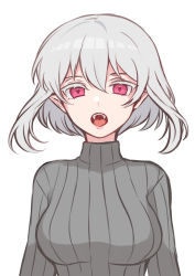 Rule 34 | 1girl, absurdres, banned artist, breasts, colored eyelashes, eyebrows hidden by hair, fangs, grey hair, grey sweater, hair between eyes, highres, looking at viewer, medium breasts, open mouth, original, pointy ears, ribbed sweater, shimizu akina, sidelocks, simple background, solo, sweater, turtleneck, turtleneck sweater, upper body, white background