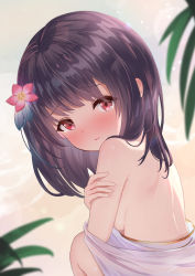 Rule 34 | 1girl, back, bare shoulders, beach, blush, breasts, flower, granblue fantasy, hair flower, hair ornament, hand on hand, highres, kimblee, leaf, looking at viewer, looking back, medium hair, parted lips, red eyes, sitting, small breasts, solo, vikala (granblue fantasy), water