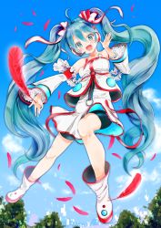 Rule 34 | 1girl, aqua eyes, aqua hair, bare shoulders, bike shorts, blue sky, boots, commentary request, detached sleeves, digital dissolve, dress, falling feathers, feathers, floating, frilled dress, frilled sleeves, frills, full body, hatsune miku, headphones, headset, highres, long hair, looking at viewer, open mouth, outdoors, red feathers, shouga (syouronron), sky, smile, solo, tree, twintails, very long hair, vocaloid, waving, white dress, white footwear, white sleeves