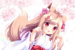 Rule 34 | 1girl, :d, animal ear fluff, animal ears, bad id, bad pixiv id, bell, blurry, blurry background, blush, bow, braid, breasts, brown hair, depth of field, dutch angle, floral print, flower, fox ears, fox girl, fox tail, hair bell, hair bow, hair flower, hair ornament, hands up, japanese clothes, jingle bell, kimono, long hair, long sleeves, looking at viewer, medium breasts, miko, mito kohaku, open mouth, paw pose, pink flower, print bow, red bow, red eyes, red flower, ryuuka sane, smile, solo, tail, tail raised, tayutama 2, branch, twin braids, upper body, very long hair, white kimono, wide sleeves