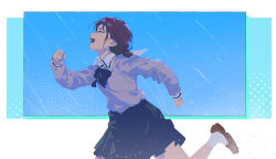 Rule 34 | 1girl, black ribbon, black skirt, blue background, brown footwear, closed eyes, commentary, crying, crying with eyes open, from side, girls band cry, grey shirt, highres, iseri nina, long sleeves, neck ribbon, open mouth, outdoors, rain, red hair, ribbon, running, sailor collar, shirt, short twintails, skirt, socks, solo, symbol-only commentary, tears, twintails, white background, white sailor collar, white socks, yumuto (spring1786)