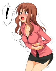 Rule 34 | !, 1girl, a1 (initial-g), absurdres, black skirt, blush, breasts, brown eyes, brown hair, choker, female focus, highres, large breasts, leaning forward, long hair, matching hair/eyes, miniskirt, mole, mole under mouth, open mouth, original, pencil skirt, pussy juice, pussy juice trail, simple background, skirt, solo, spoken exclamation mark, standing, sweat, tears, trembling, white background