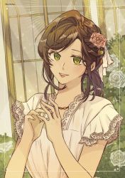 Rule 34 | 1girl, :d, brown hair, dress, flower, green eyes, grin, hair flower, hair ornament, highres, lips, long hair, looking at viewer, open mouth, outdoors, pink flower, pink rose, rosa (tears of themis), rose, short sleeves, smile, solo, sundress, tears of themis, teeth, waffletop, white dress