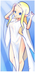 Rule 34 | 1girl, bare legs, blonde hair, blue background, blue eyes, blush, breasts, drantyno, dress, elf, female focus, large breasts, light rays, light smile, long hair, looking at viewer, nintendo, pointy ears, princess zelda, see-through, see-through dress, short sleeves, smile, solo, sunbeam, sunlight, the legend of zelda, upper body, white dress, wide sleeves