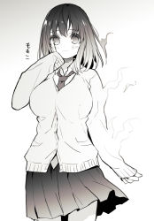Rule 34 | 1girl, blush, breasts, cardigan, character name, character request, closed mouth, collared shirt, gradient background, grey background, greyscale, hand up, highres, itsumi (itumiyuo), long sleeves, looking at viewer, medium breasts, monochrome, necktie, pleated skirt, saki, saki (manga), saki achiga-hen, school uniform, shirt, skirt, sleeves past fingers, sleeves past wrists, smile, solo, touyoko momoko, translation request, white background