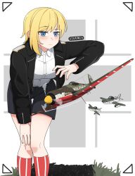 Rule 34 | 1girl, aircraft, airplane, artist name, atamonica, balkenkreuz, black jacket, black shorts, blonde hair, blue eyes, breasts, collared shirt, cross, fighter jet, fighter plane, fw 190, highres, insignia, jacket, jet, kneehighs, leaning forward, looking at viewer, me 262, military vehicle, open clothes, open jacket, original, red socks, shirt, short hair, shorts, shoulder boards, simple background, socks, solo, striped clothes, striped socks, white background, white shirt