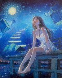 Rule 34 | 1girl, bare shoulders, barefoot, black eyes, black hair, blush, book, commentary request, dock, dress, floating, floating book, floating object, full body, full moon, highres, long hair, looking up, moon, night, oil painting (medium), original, outdoors, painting (medium), parted lips, ringodrawing, sitting, sky, sleeveless, sleeveless dress, solo, stairs, surreal, too many, too many books, traditional media, water, white dress